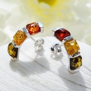 Natural Baltic Multicolor Amber Climber Earrings in 925 Silver